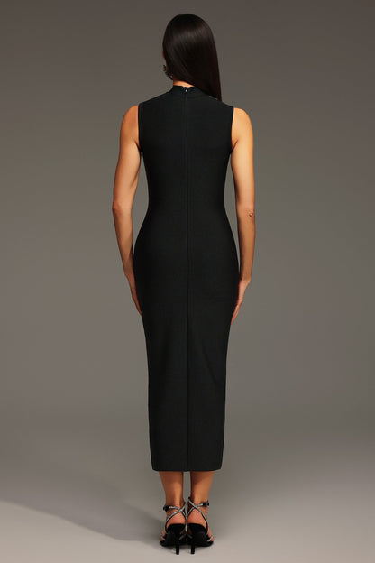 Sleeveless Mock Neck Rhinestone Sunburst Arch Slit Bandage Midi Dress