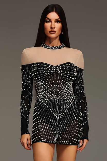 Mock Neck Sheer Yoke Pearl Rhinestone Geometric Long Sleeve Mini Dress