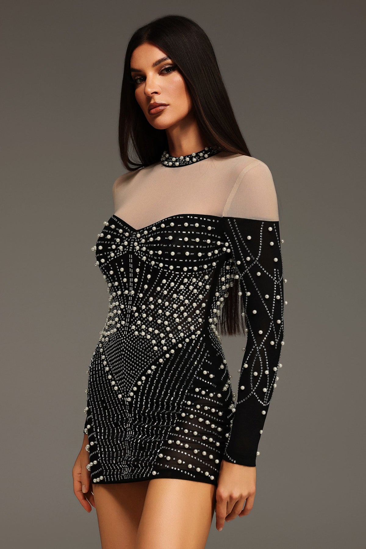 Mock Neck Sheer Yoke Pearl Rhinestone Geometric Long Sleeve Mini Dress