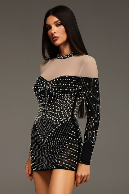 Mock Neck Sheer Yoke Pearl Rhinestone Geometric Long Sleeve Mini Dress