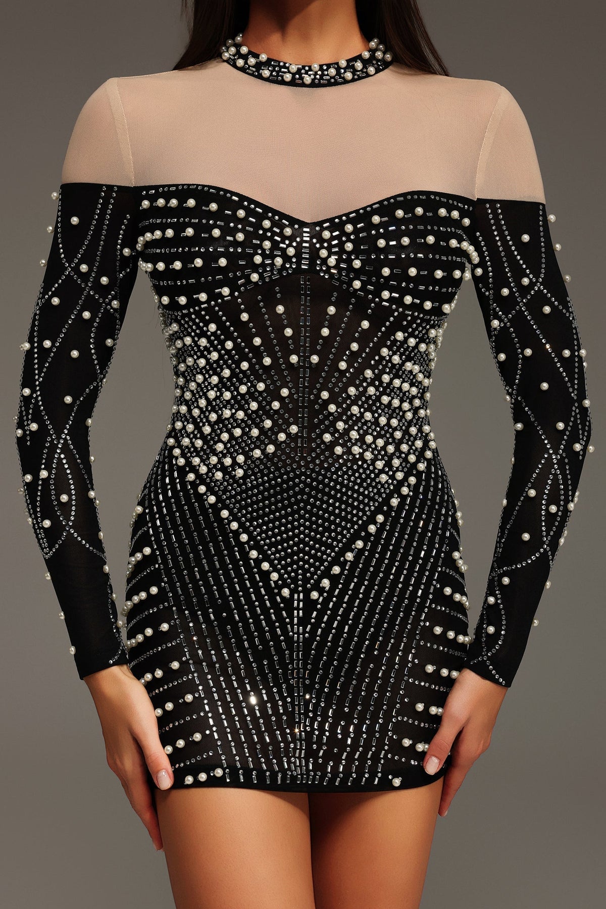 Mock Neck Sheer Yoke Pearl Rhinestone Geometric Long Sleeve Mini Dress