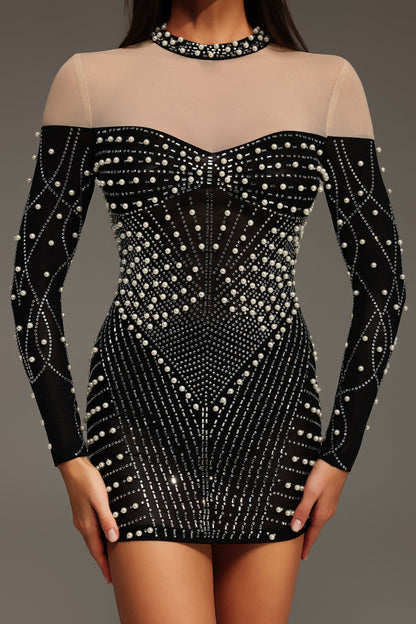 Mock Neck Sheer Yoke Pearl Rhinestone Geometric Long Sleeve Mini Dress
