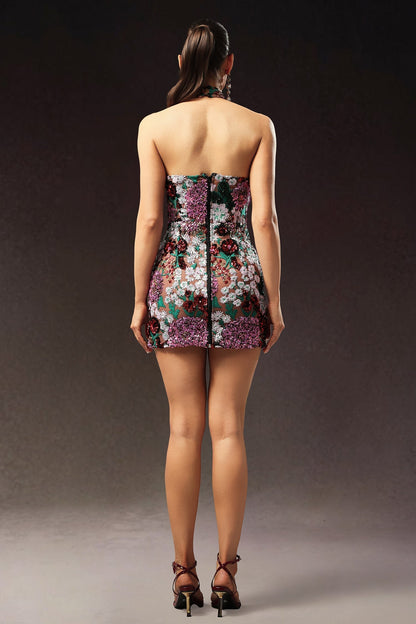 Halter Neck Floral Sequin Embroidered Bodycon Mini Dress