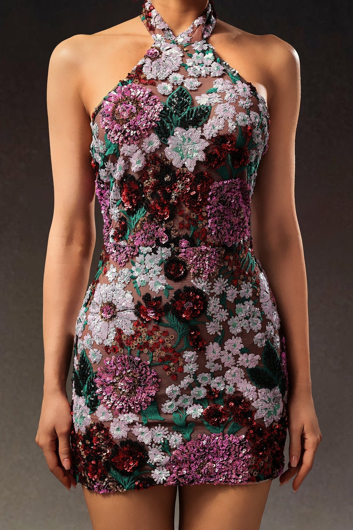 Halter Neck Floral Sequin Embroidered Bodycon Mini Dress