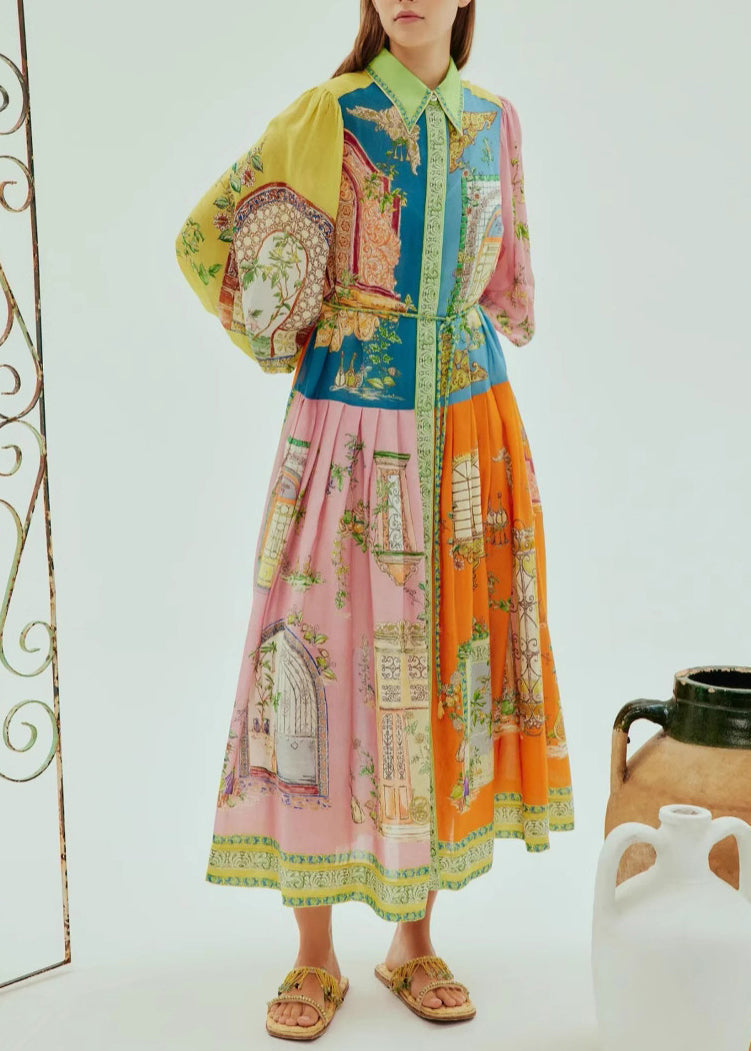 Collared Button Front Puff Sleeve Tie Waist Architecture Print Pleated Midi Shirt Dress