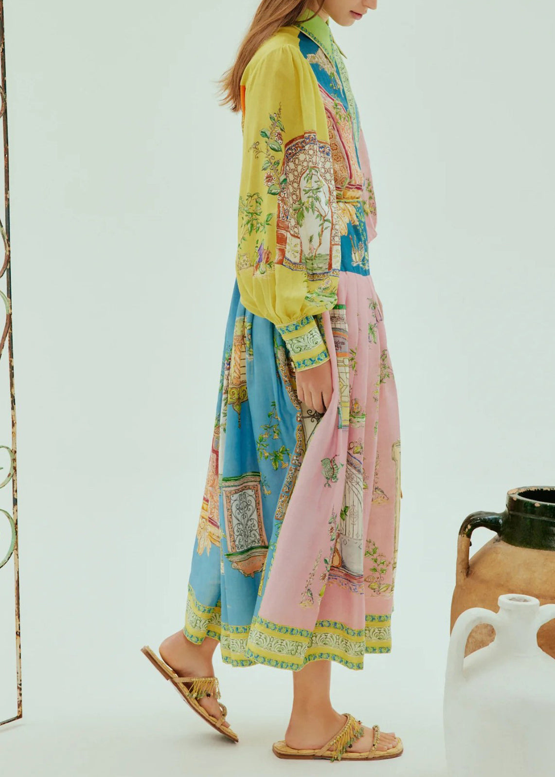Collared Button Front Puff Sleeve Tie Waist Architecture Print Pleated Midi Shirt Dress