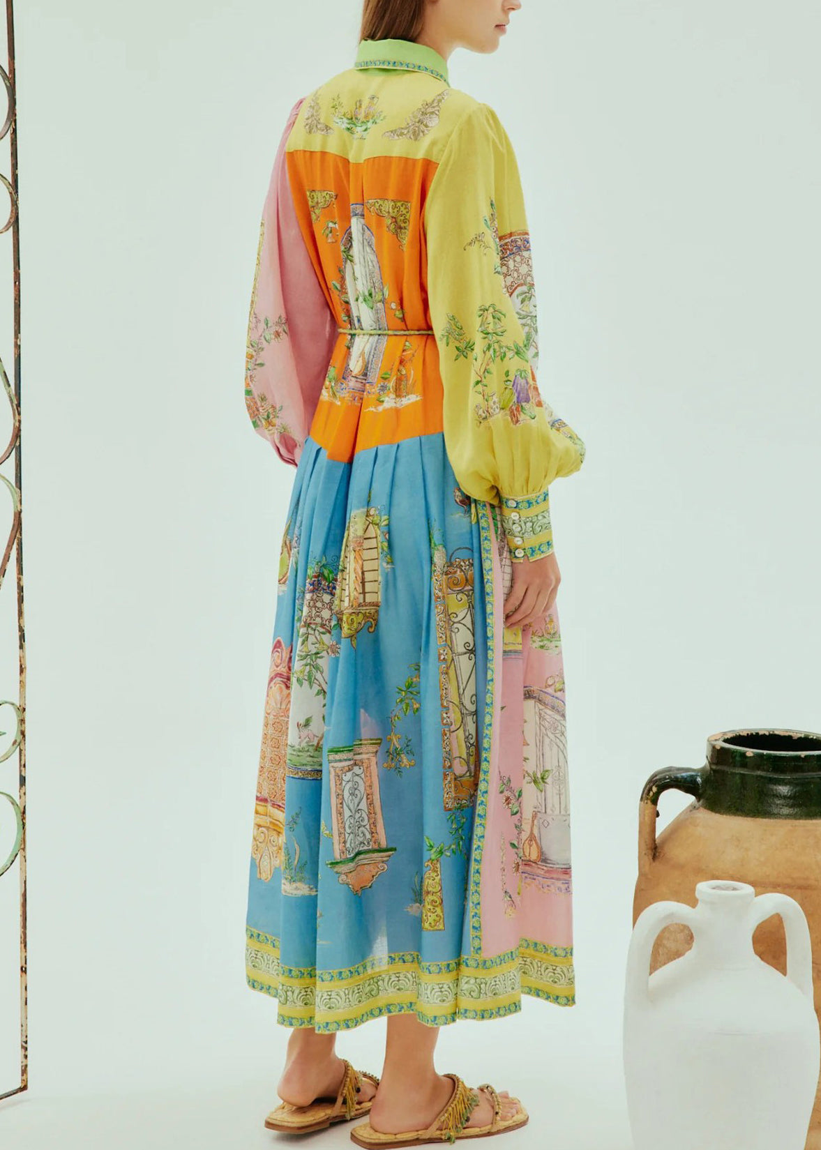 Collared Button Front Puff Sleeve Tie Waist Architecture Print Pleated Midi Shirt Dress