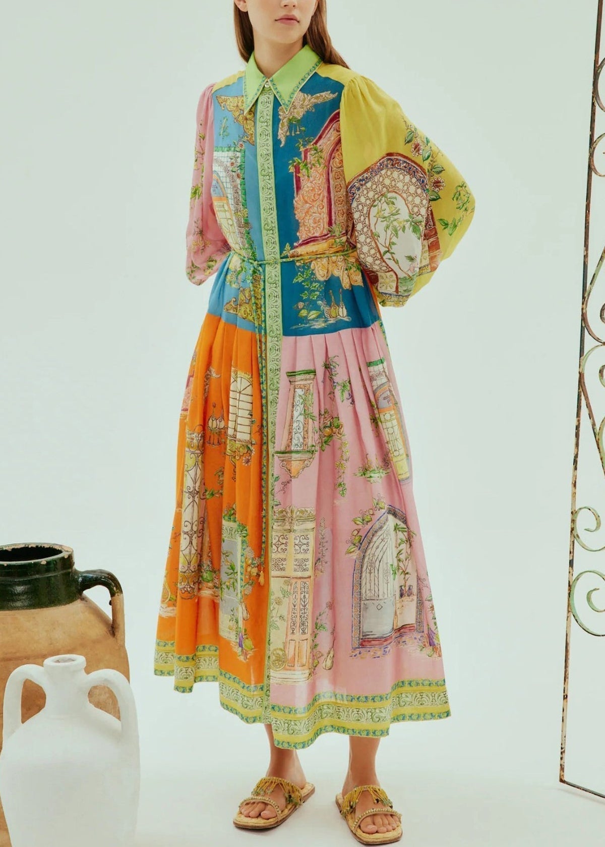 Collared Button Front Puff Sleeve Tie Waist Architecture Print Pleated Midi Shirt Dress