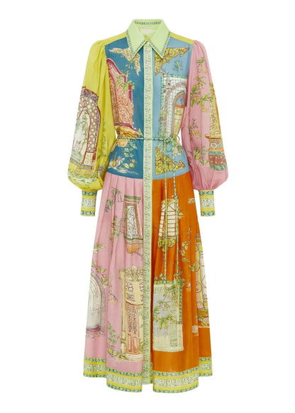 Collared Button Front Puff Sleeve Tie Waist Architecture Print Pleated Midi Shirt Dress