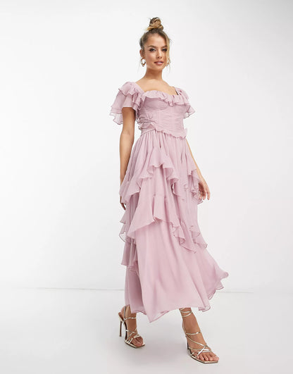 Square Neck Corset Tiered Ruffle Midi Dress