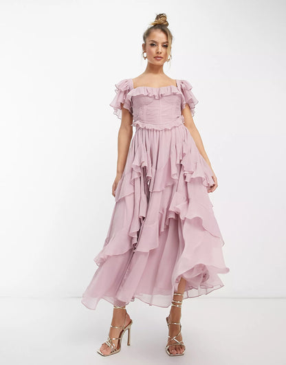 Square Neck Corset Tiered Ruffle Midi Dress