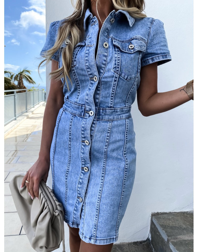 Pointed Collar Button Down Flap Pocket Puff Sleeve Denim Mini Dress