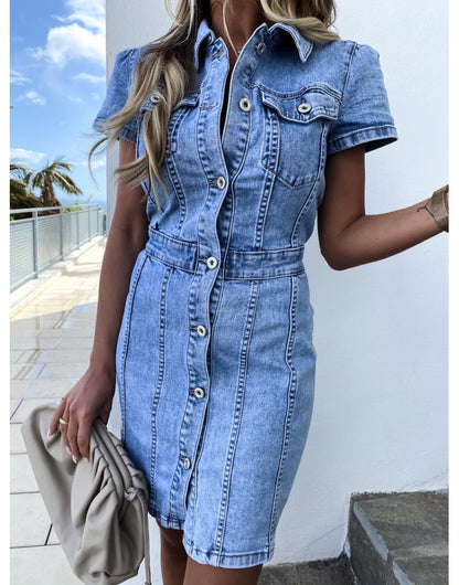 Pointed Collar Button Down Flap Pocket Puff Sleeve Denim Mini Dress