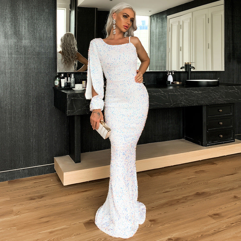 One Shoulder Sequin Long Sleeve Mermaid Maxi Gown