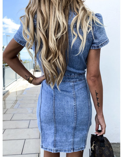 Pointed Collar Button Down Flap Pocket Puff Sleeve Denim Mini Dress