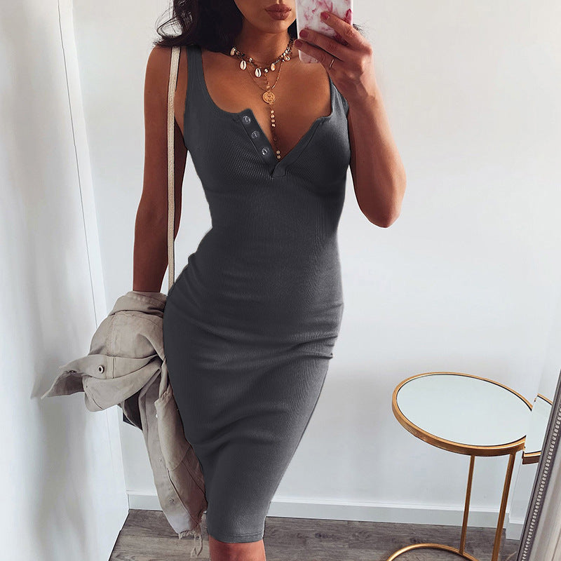 Henley Button Rib Knit Tank Bodycon Midi Dress