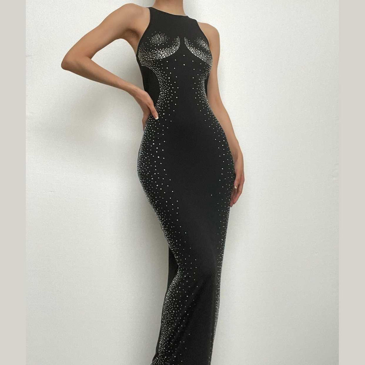 Rhinestone Contour Embellished Crew Neck Sleeveless Bodycon Maxi Dress