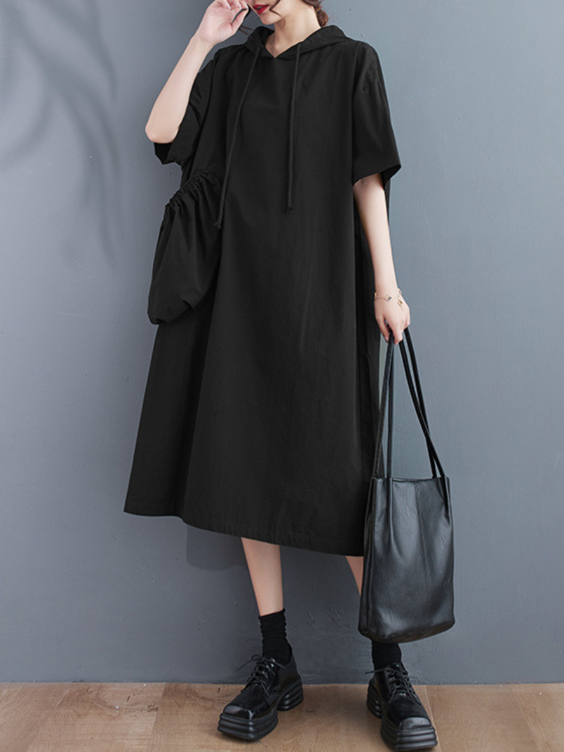 Hooded Drawstring Pouch Pocket Oversized Midi Sweatshirt Dress