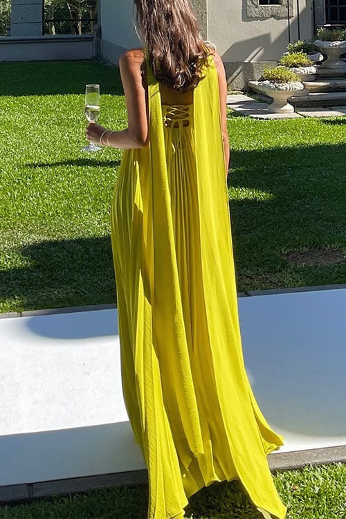 Strapless Back Lace-up Pleated Maxi Dress