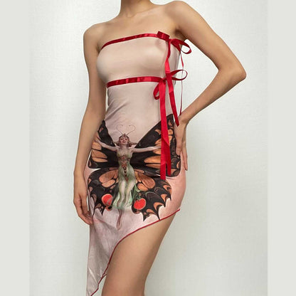 Butterfly Print Ribbon Trim Asymmetrical Hem Tube Mini Dress