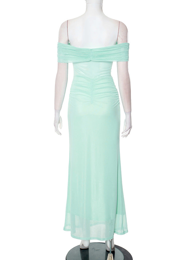 Off Shoulder Mesh Midriff Panel Ruched Waist Column Maxi Dress