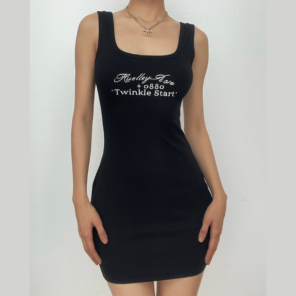 Ribbed Square Neck Graphic Print Bodycon Mini Dress