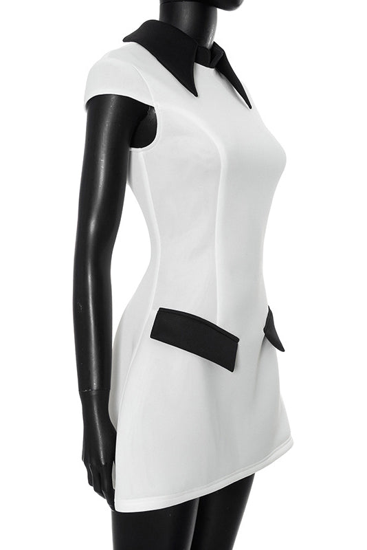 Contrast Point Collar Cap Sleeve Flap Detail Mini Dress