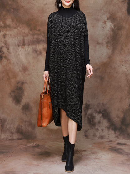 Mock Neck Batwing Sleeve Diagonal Rib Asymmetrical Hem Oversized Midi Sweater Dress
