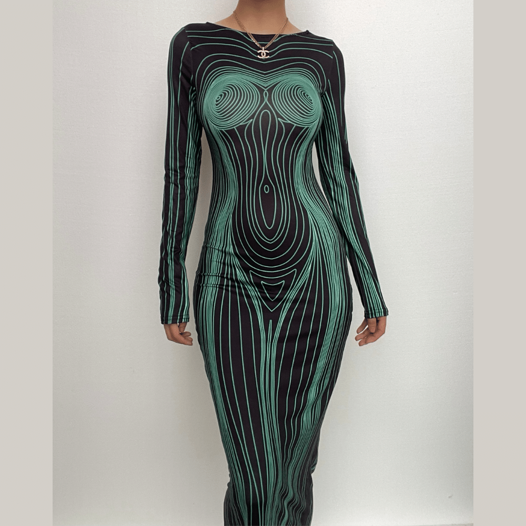 Body Contour Graphic Print Crew Neck Long Sleeve Maxi Dress