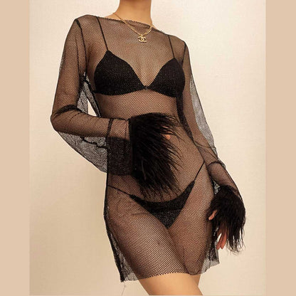 Sheer Mesh Feather Cuff Long Sleeve Round Neck Mini Dress