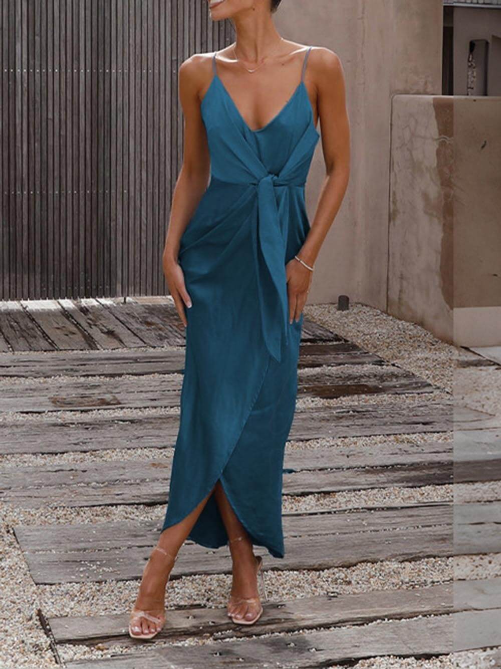 Spaghetti Strap Wrap Front Knot Waist Tulip Hem Midi Dress