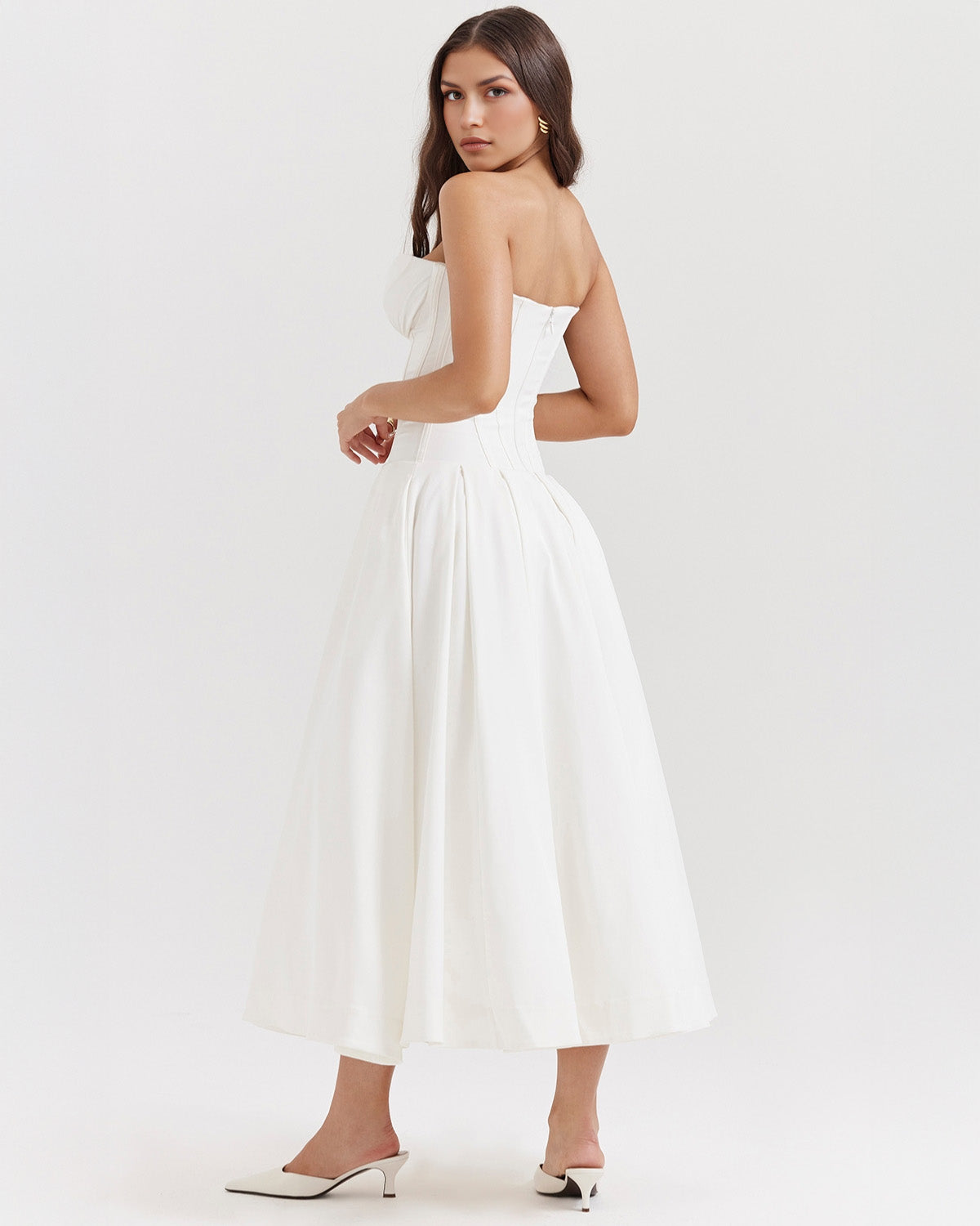 Strapless Corset Sweetheart Neckline Box Pleat A-Line Midi Dress