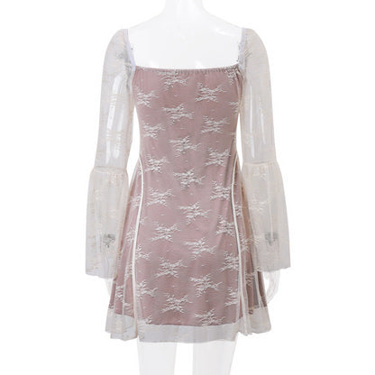 Floral Lace Overlay Square Neck Tie Front Bell Sleeve Mini Dress