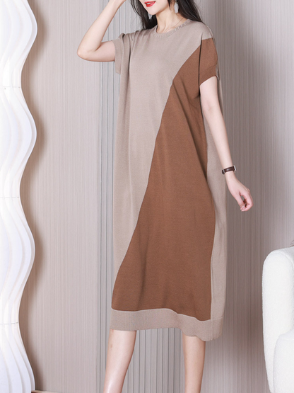 Crew Neck Short Sleeve Diagonal Color Block Knit Midi Dress