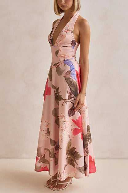 Halter V Neck Lace-up Floral Print Swing Maxi Dress