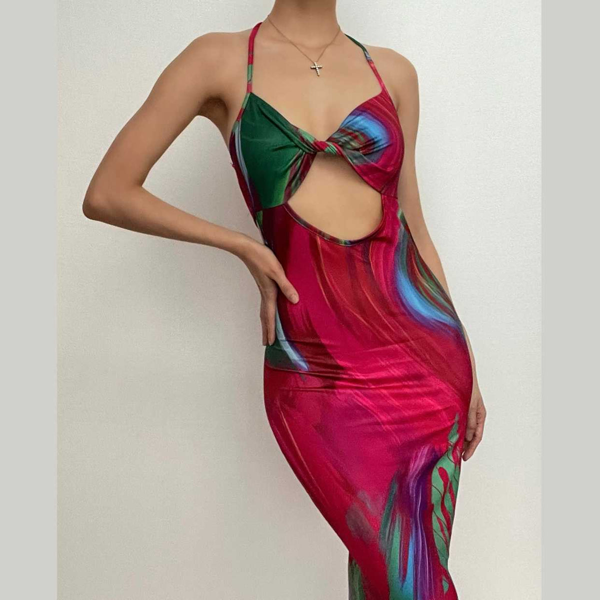 Halter Twist Front Bust Diamond Cutout Abstract Marble Print Maxi Dress