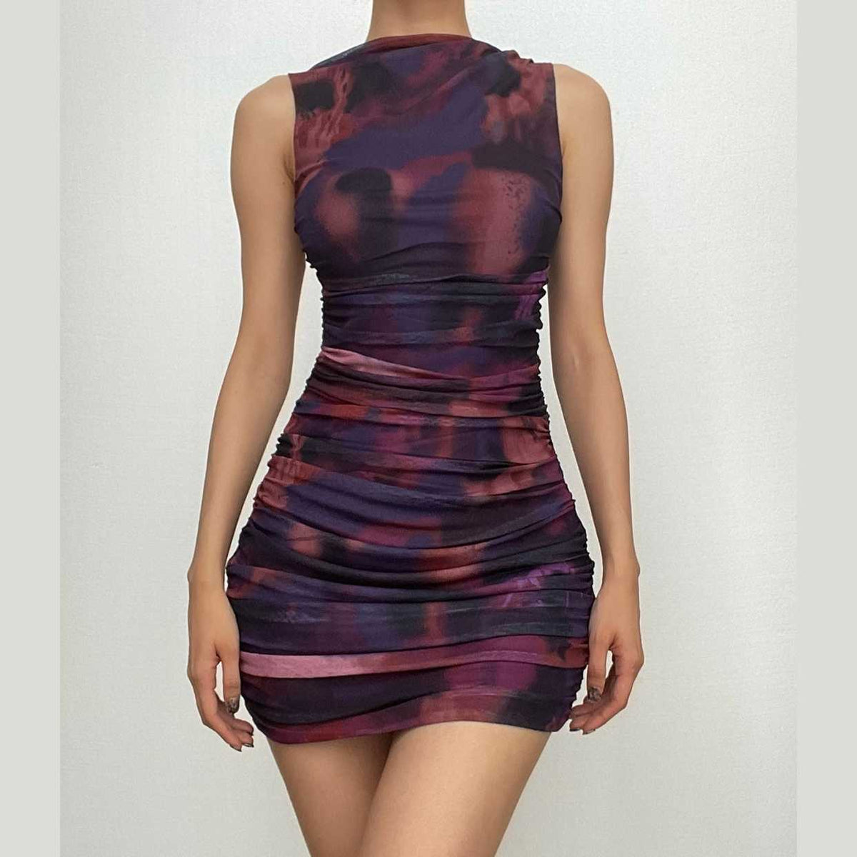 Crewneck Sleeveless Ruched Abstract Tie Dye Mesh Mini Dress