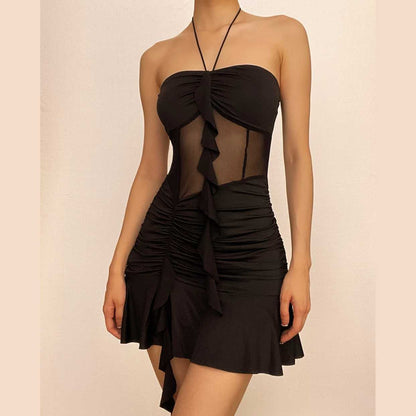 Halter Tie Neck Mesh Corset Vertical Ruffle Bodycon Mini Dress