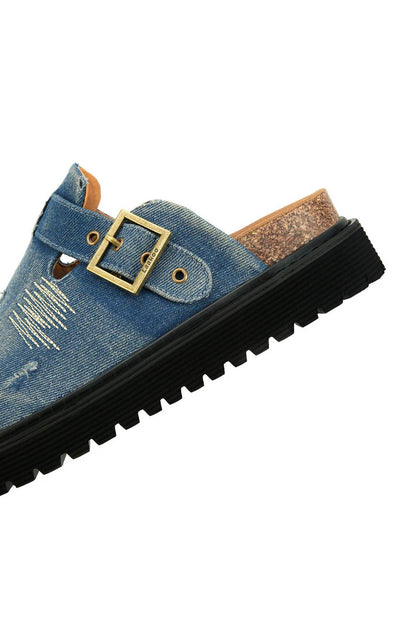 Distressed Denim Closed-toe Slip-on Flat