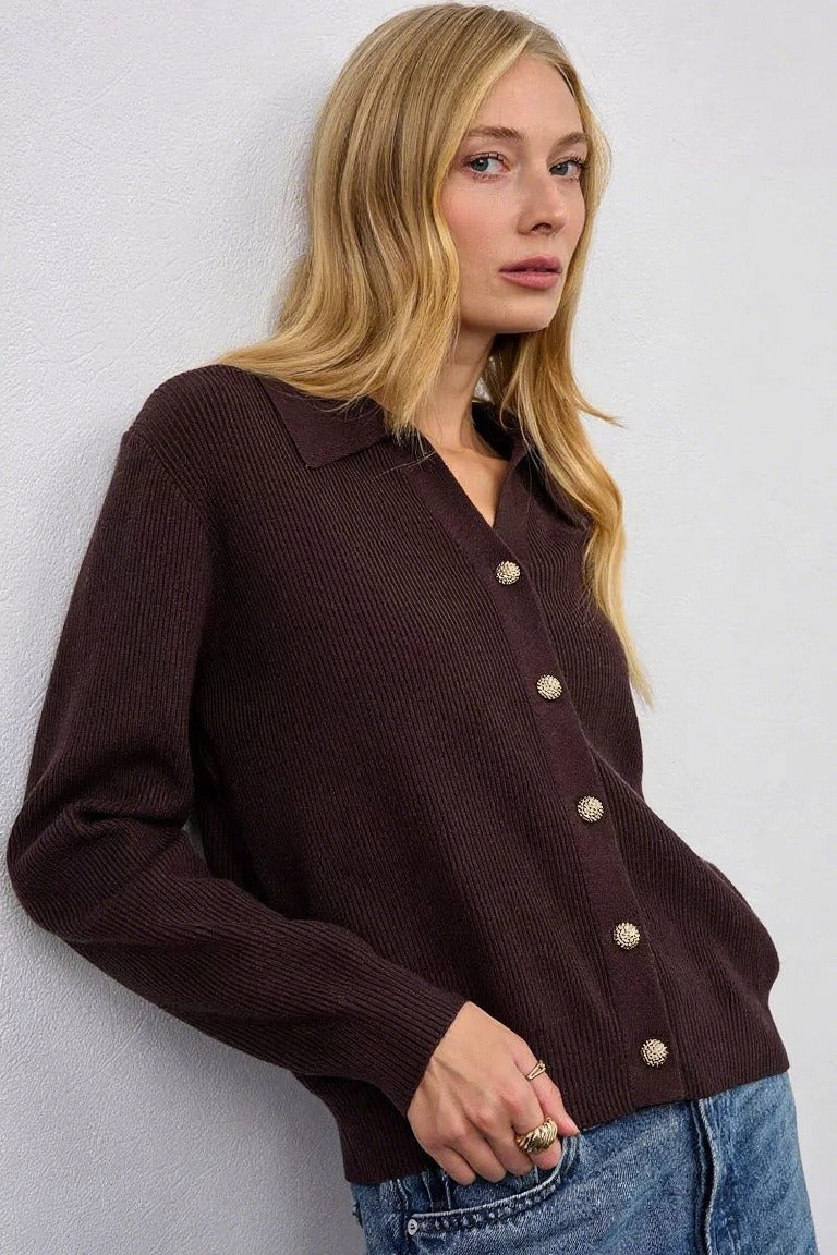 Solid V Neck Button Down Cardigan