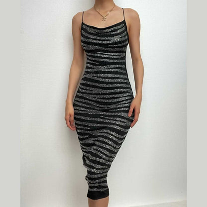 Zebra Print Cowl Neck Spaghetti Strap Bodycon Midi Dress