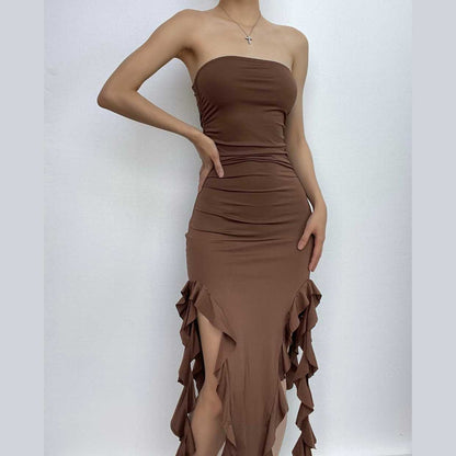 Strapless Ruched Double Slit Ruffle Hem Midi Dress