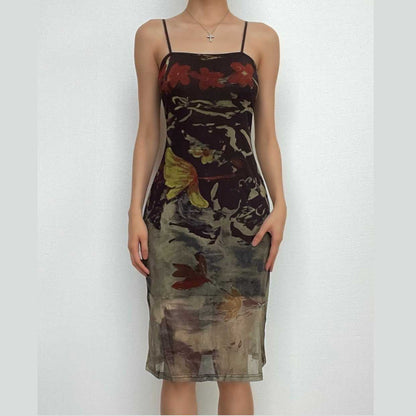 Square Neck Spaghetti Strap Mesh Overlay Abstract Floral Bodycon Midi Dress