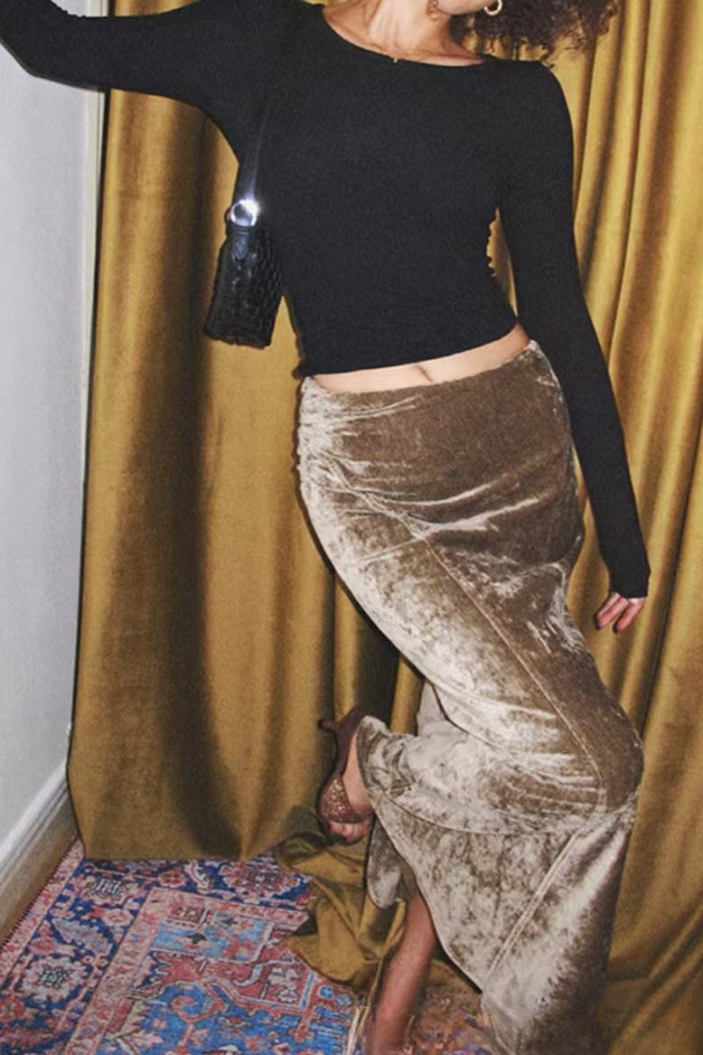 Vintage Velvet Bias-Cut Maxi Skirt