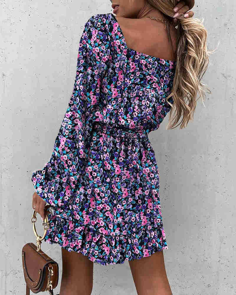 Square Neck Long Sleeve Smocked Ditsy Floral Ruffle Mini Dress