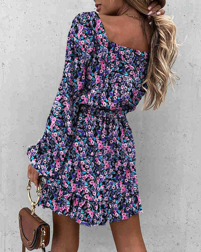Square Neck Long Sleeve Smocked Ditsy Floral Ruffle Mini Dress