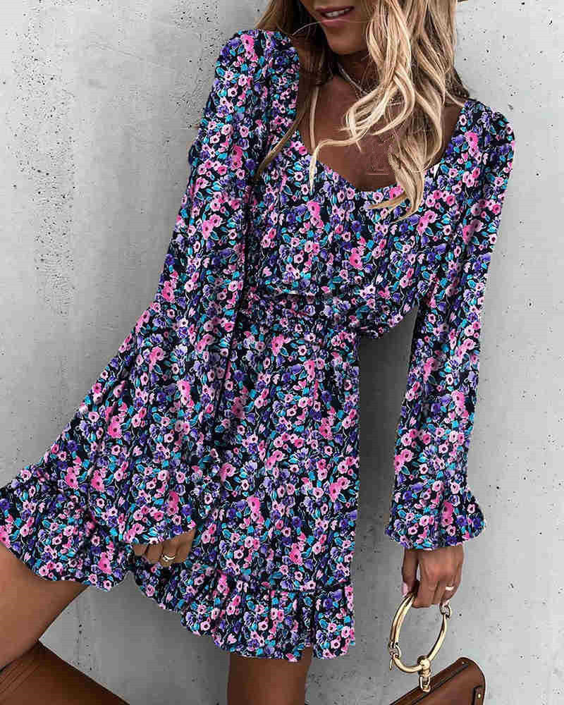 Square Neck Long Sleeve Smocked Ditsy Floral Ruffle Mini Dress