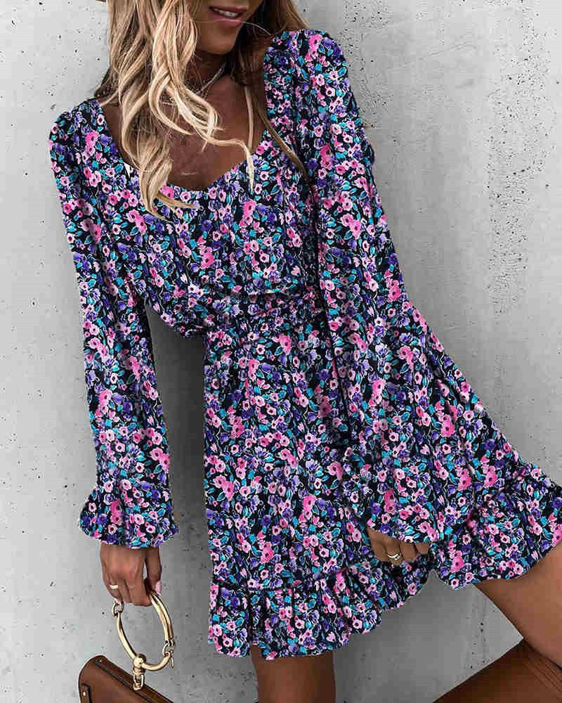Square Neck Long Sleeve Smocked Ditsy Floral Ruffle Mini Dress