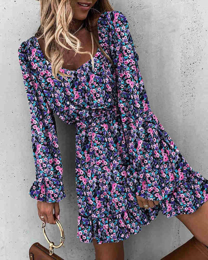Square Neck Long Sleeve Smocked Ditsy Floral Ruffle Mini Dress