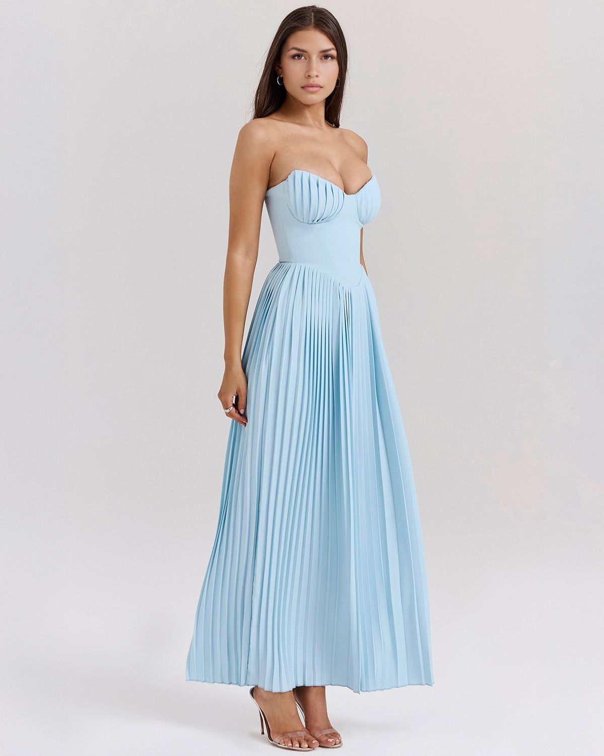 Strapless Sweetheart Accordion Pleat Corset Waist Maxi Dress